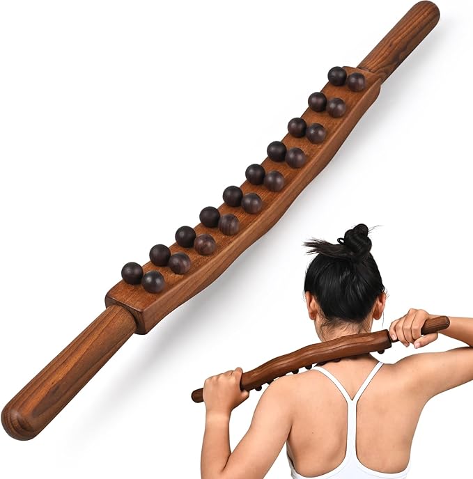 Guasha Wood Massage Stick Tools Wooden Therapy Scraping Lymphatic Drainage Massager, Double Row 20 Beads Point Treatment Gua Sha Tools, Stomach Cellulite Massager, Myofascial Release Tool