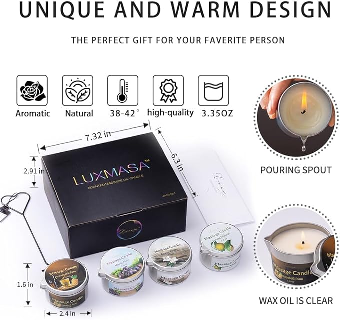 Massage Candle for Home SPA, 4 Pack Scented Soybean Massage Oil Candles Low Temp, Amazing Gift Set 13.4OZ (Scents: Mystic Plum, Amber Vanilla, Lemon Wasabi, Pineapple&Rum)