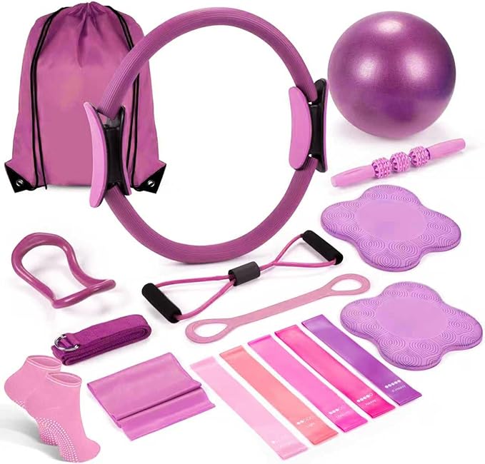 Pilates Ring Circle Fitness Set 17 pcs Equipment Accessories Workouts Includes Pilates Ball Magic Circle Yoga Ring Knee Pads and Resistance Bands for Women Set Gift for Women Weight Loss