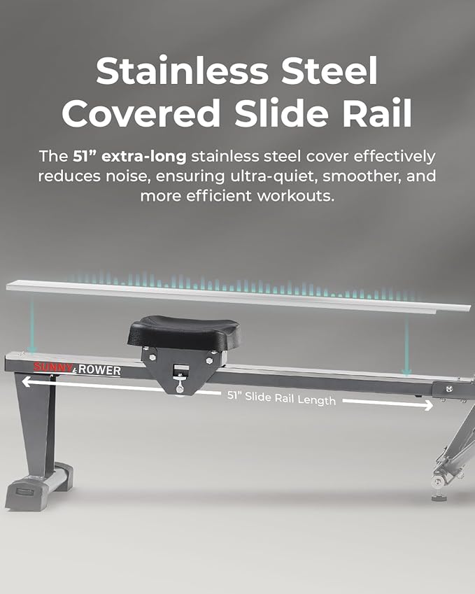 Sunny Health & Fitness Full-Motion Rowing Machine w/Adjustable Resistance, Low-Impact Full-Body Workout Rower w/Long Slide Rail, Space-Saving Design, Free SunnyFit App Connection