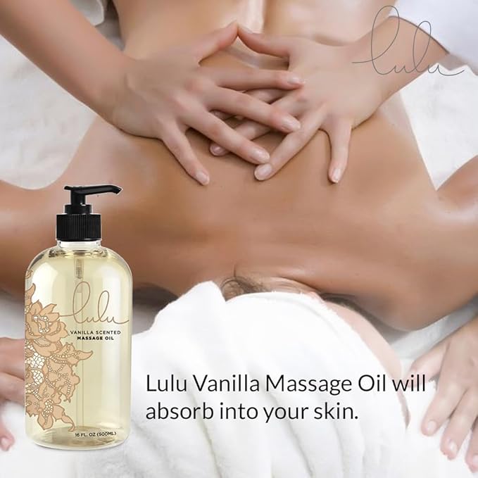 Lulu Vanilla Massage Oil with Fractionated Coconut & Cocoa Butter, Deeply Nourishing Non-Greasy Body Oil for Smooth Skin & Relaxation, for Date Night, Couples Massage & Massage Therapy, 16 fl oz Pump