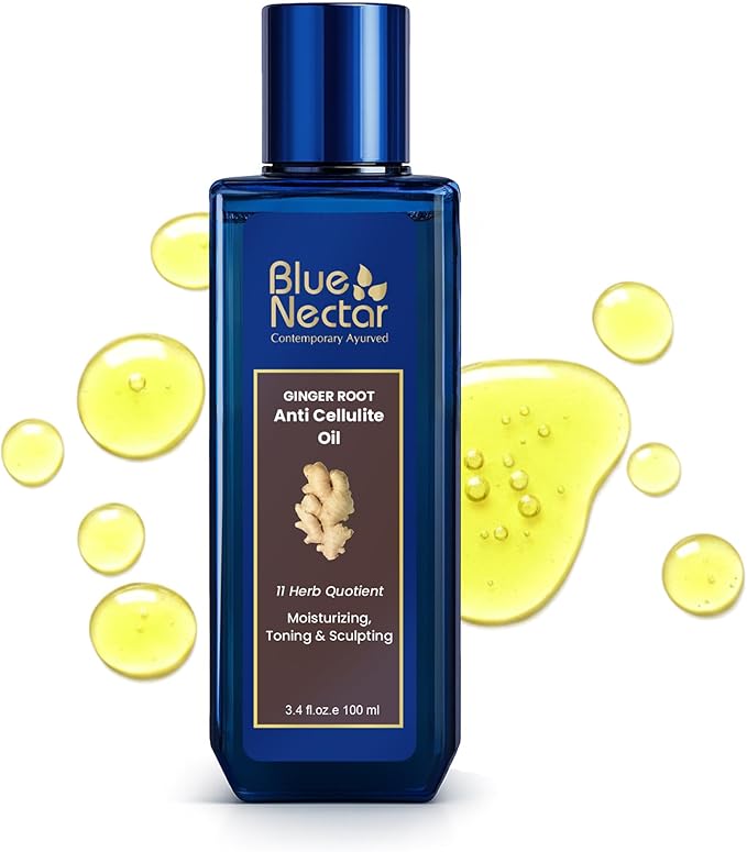 Blue Nectar Ginger Oil Anti Cellulite Body Massage Oil for Skin Tightening, Toning & Hydration | Authentic Ginger Root Massage Oil with Plant Based Vitamin B & C for Women and Men (11 Herbs,3.4 FlOz)