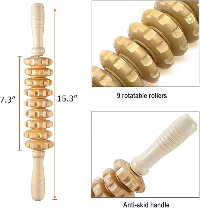 2 in 1 Wooden Back Massager Roller Rope & Handheld Roller Massager Stick, Relax Fascia, Cellulite, Muscle, Back & Abdomen, Therapy Lymphatic Anti Cellulite Muscle Recovery Massage Tool