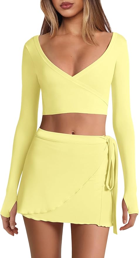 Nirovien Womens 2 Piece Workout Sets Sexy Pilates Outfits Athletic Gym Yoga Sets Ballet Wrap Top and Skirt