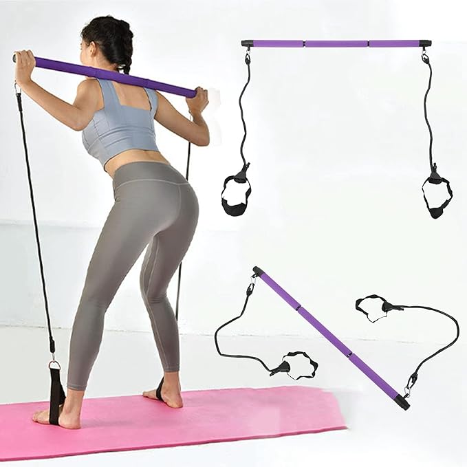 Adjustable Pilates Bar Portable 3 Sections Pilates Workout Stick Body Building Puller Yoga Pull Rods for Home Gym Office Travel Fitness Equipment Steel Pipe Foam 35 Inches