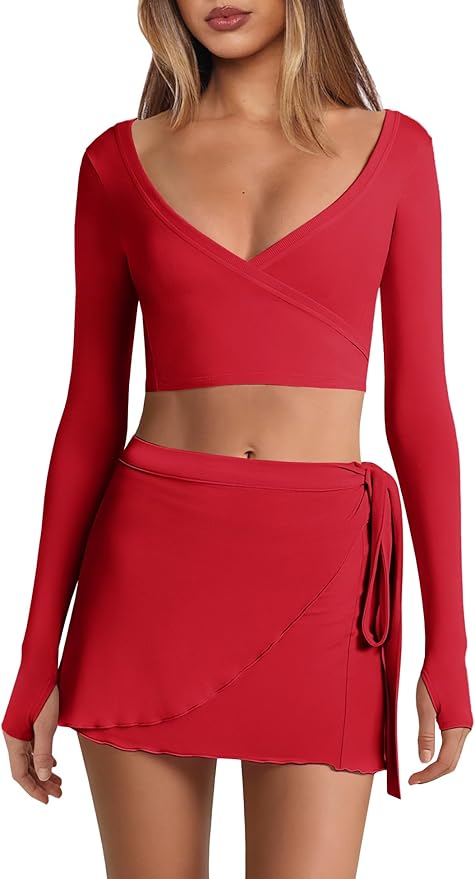 Nirovien Womens 2 Piece Workout Sets Sexy Pilates Outfits Athletic Gym Yoga Sets Ballet Wrap Top and Skirt