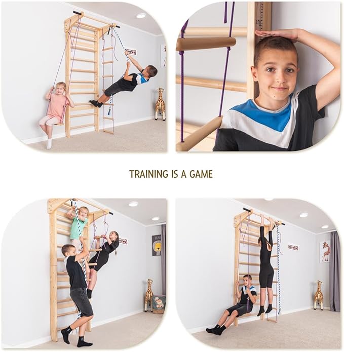 Swedish Ladder Wall Bars with Pull-Up Bar & Dip Station – Wooden Stall Bars, Multifunctional Home Gym Wall Ladder for Strength Training & Stretching