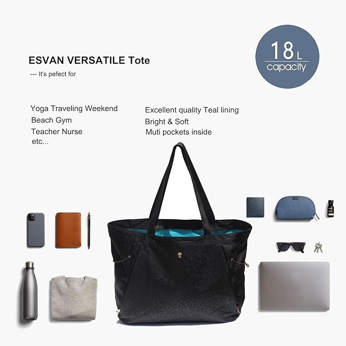 ESVAN Yoga Tote Bag for Women Shoulder Bags Drawstring for Office Workout Travel Carryall Pilates Gym and Beach