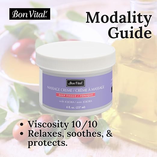 Bon Vital' Deep Tissue Massage Creme, 8 Oz Jar, Lightweight Non-Greasy Formula for All Skin Types, Ideal for Deep Muscle Manipulation, Hydrating Massage Lotion for Spa and Home Use