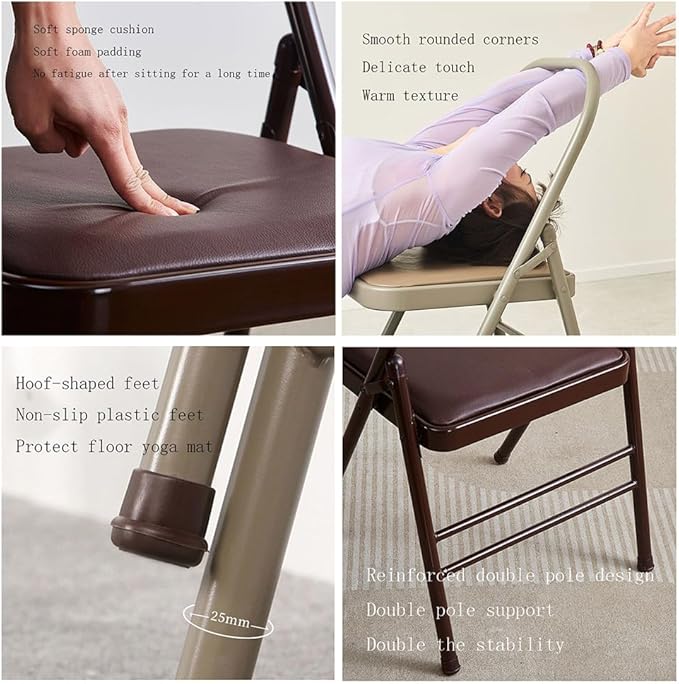 Yoga Auxiliary Chair Yoga Practice Balance Chair for Iyengar Foldable Pilates Yoga Chair with Anti-Slip Foot,PU Cushion,Double Beam Design,Brown