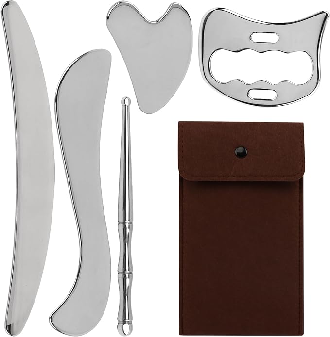 5-in-1 Stainless Steel Muscle Scraper Tool Set GuaSha Muscle Scraping Tools Set, Physical Massage Tools with Storage Case, Body Gua Sha Kit for Body Skin Massage