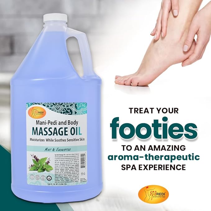 SPA REDI - Massage Oil, Mint Eucalyptus, 128 Oz - Professional Pedicure, Manicure, Body Massage Therapy, Made with Almond Oil, Cotton Seed Oil, Sunflower Oil, Avocado Oil, Essential Oils, Vitamin E