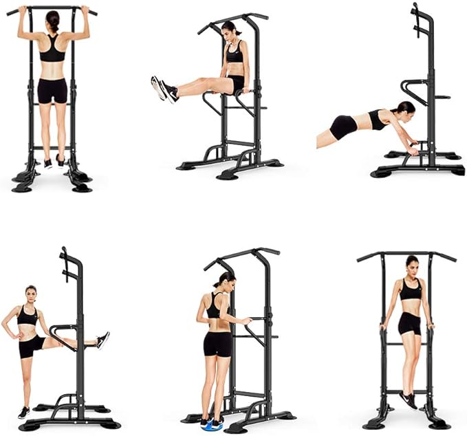 Dland Power Tower Adjustable Height Pull Up and Dip Station Multi-Function Home Strength Training Fitness Workout Station Sturdy Chin-Up Bar Stand Dip Station,Black