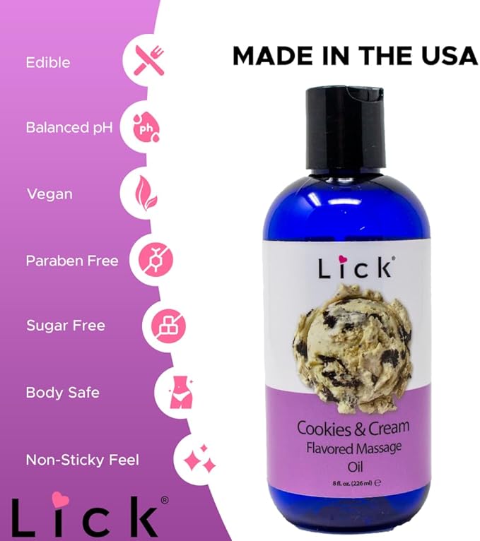 Lick Cookies and Cream Flavored Massage Oil – Creamy Dessert Edible Massage Oil with Sweet Almond Oil & Vitamin E, Smooth Glide for Couples Massage, 8 oz