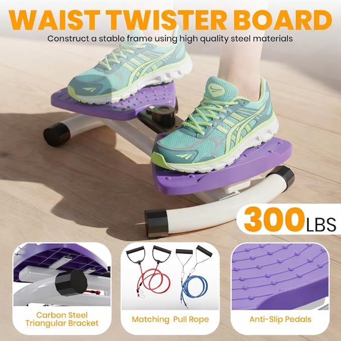 Ronai Waist Twister Machine with Resistance Bands – Adjustable Ab Twister Board for Home Fitness, Dual Pedals, Quiet Rotation, Tracks Time/Reps/Calories, 300 Lbs Capacity