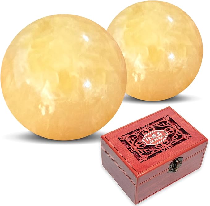 Marble Baoding Balls, Chinese Meditation Stress Relief Balls for Hand Therapy, Manual Massage Exercise with an Upgraded Shockproof Imitation Wood Box, 2 Count Beige, Small-1.38"
