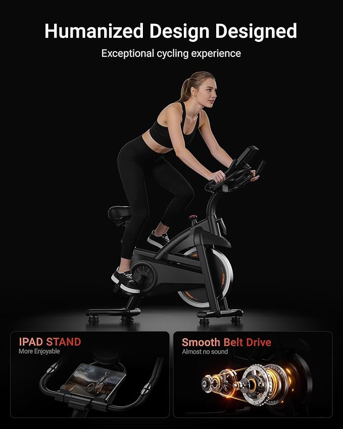 UMAY Exercise Bike,Brake Pad Stationary Bike for Home with Exclusive App, Silent Belt Drive Stationary Workout Bike for Home with Comfort Seat, Low Noise Indoor Cycling Bike with Heart Rate / Tablet & Bottle Holder, 300 LBS Capacity