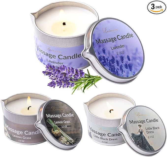 Massage Candle 3 Pack Scented Soy Wax Massage Body Oil for Home SPA, Nourishing Coconut Oil Infused Low Temp Aromatherapy Candle 6.9OZ (Lavender,Lemon Grass,Little Black Dress)