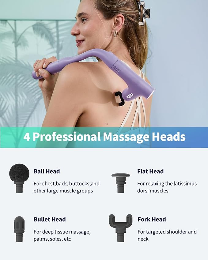 3-in-1 Detachable Massage Gun Deep Tissue, Ergonomic Extension Handle Back Massager for Pain Relief, Portable Percussion Muscle Massager for Shoulder, Thigh, Waist & Neck Purple