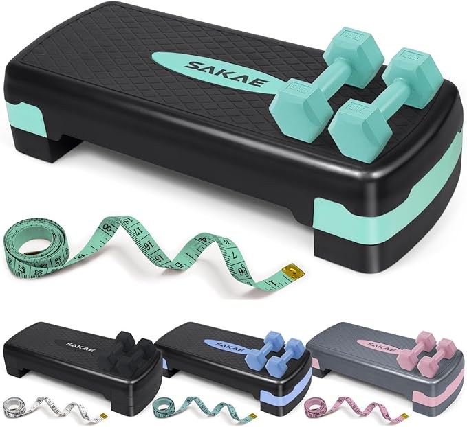 SAKAE Step Aerobics Platform Set with Dumbbells & Measuring Tape, Aerobic Steppers for Exercise at Home, Adjustable Height 2 Level Risers Workout Step Trainer with Non-Slip Surface, Multiple Colors