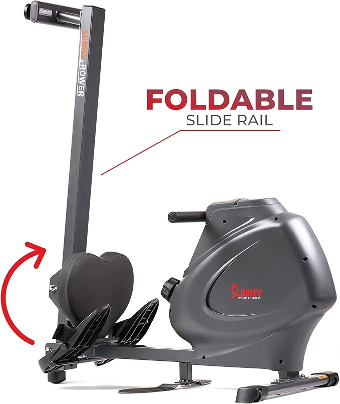 Sunny Health & Fitness Foldable Magnetic Rower, Long Rail & Extended Inseam Range for Home Cardio Workout, Free SunnyFit Training App, Optional Footplate for Standing Exercises