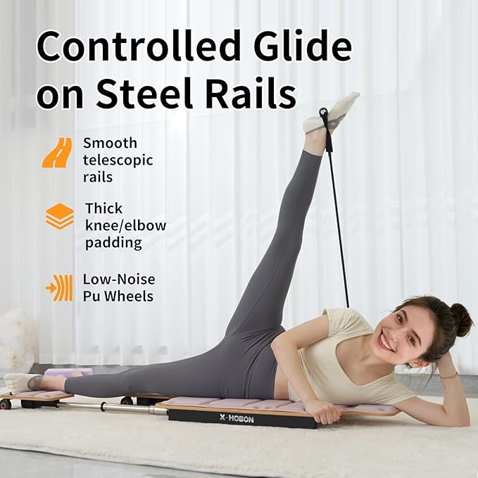 Pilates Board Reformer for Home Workout, Reformer Board, Glide Board, Sliding Rails, Maple Wood Deck & High-Strength Steel Rails, Adjustable Resistance Bands, PU Wheels, Quick Assembly