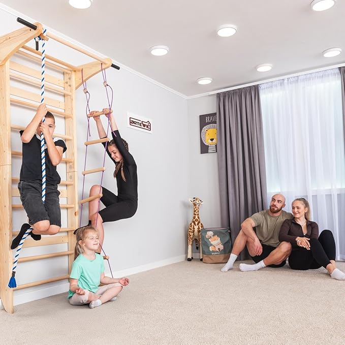 Swedish Ladder Wall Bars with Pull-Up Bar & Dip Station – Wooden Stall Bars, Multifunctional Home Gym Wall Ladder for Strength Training & Stretching