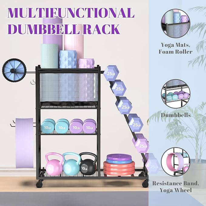 Mythinglogic Dumbbell Rack for Home Gym, Weight Rack for Dumbbells,Yoga Mat Holder for Yoga Mat and Kettlebells, Multifunctional Home Gym Storage Rack with Casters