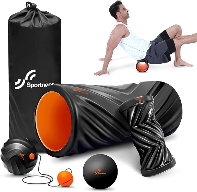 Sportneer 4 in 1 Foam Set, Muscle Relax Kit with 2 Textured Foam Rollers, Stringed Exercise Ball, Lacrosse Ball for Muscle Shoulder Back Leg Whole Body Relax Fitness Yoga