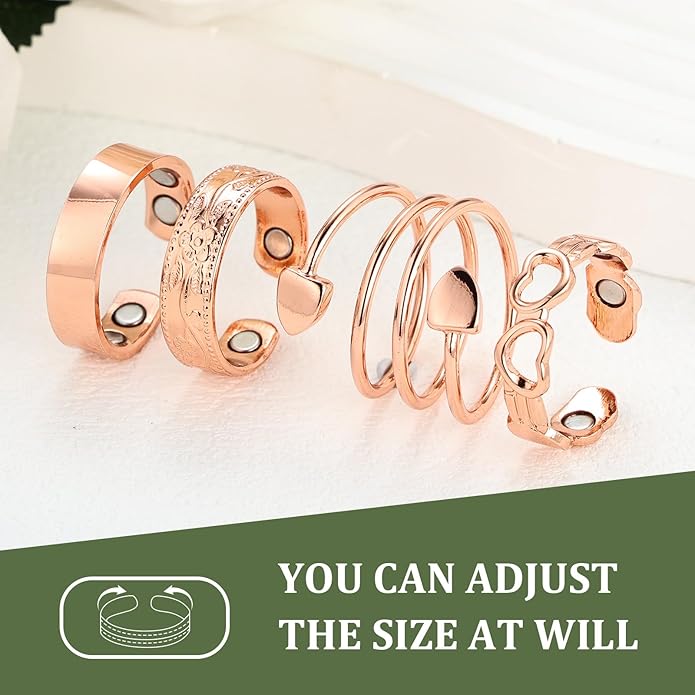 4PCS Copper for Women,99.99% Pure Copper Magnetic Thumb with Magnet,Lymphatic Jewelry Gifts for Womens(Vintage Floral & Heart Set) (Rose SET)