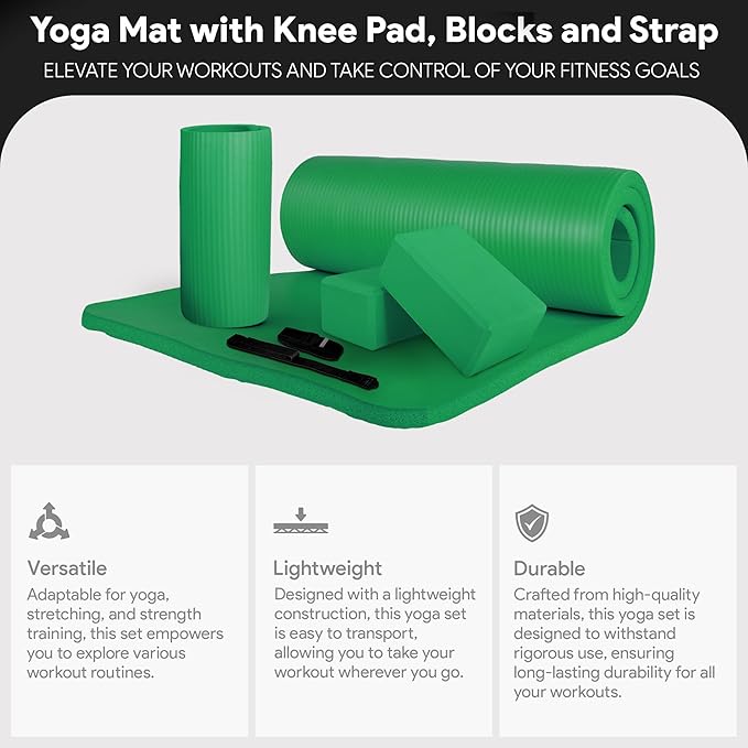 BalanceFrom 71x24 Inches Yoga Mat with Knee Pad and Optional Blocks – Extra 1-Inch Thick Non-Slip Foam with Anti-Tear Surface and Carrying Strap for Home, Studio, or Gym Workouts