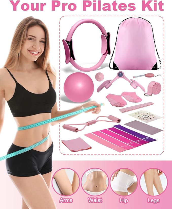 Pilates Ball and Ring Set for Women, At Home Pilates Kit with Thigh Master, 5 level Resistance Bands, Yoga Ball & Muscle Massage Ball, 18 Pcs Pilates Essential Kit for Toning Fitness Workout Equipment