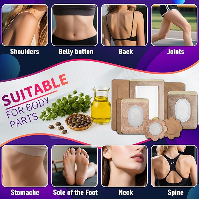 Castor Oil Pack Wrap Patch - Organic Cotton Castor Oil Belly Button Patch, Disposable Self-Adhesive Abdominal Pads, Portable Anti Leakage High Absorbent Multiple Sizes Patch for Multi-Area Use 30Pcs