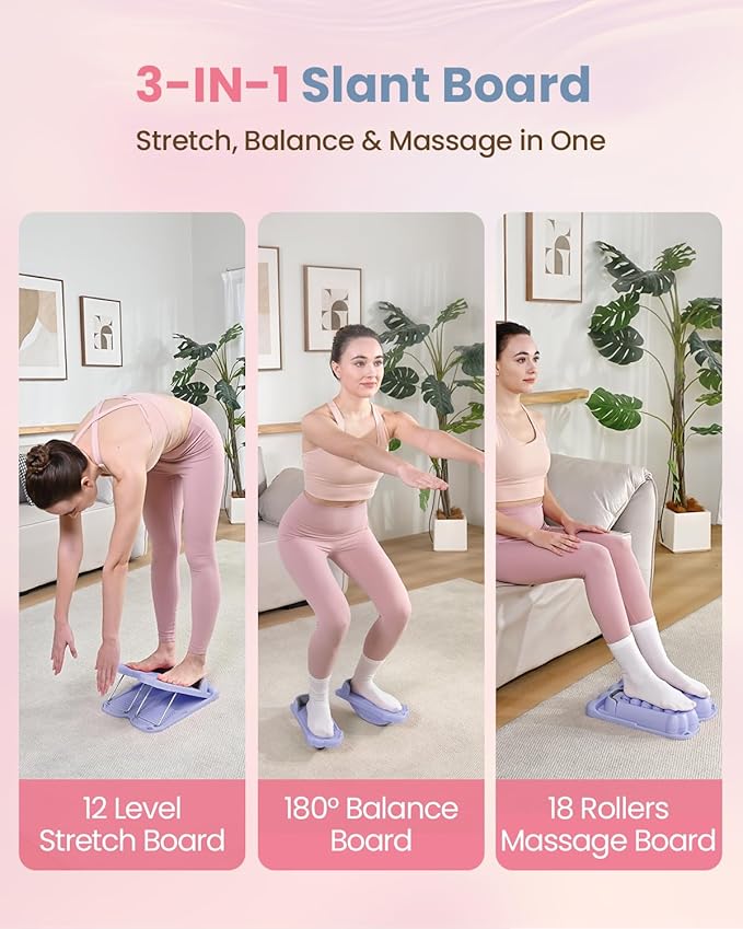Slant Board, 3 in 1 Calf Stretch Board with Foot Massager & Resistance Bands, 12-Level Adjustable Incline Calf Stretcher for Relieving Calf Ankle Achilles Pain, Balance Exercise Trainer