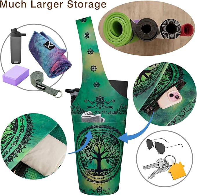 Fashion Printed Yoga Mat Bag with Large Side Pocket & Zipper Pocket Long Tote Yoga Bag Fit Most Size Mats - Holds More Yoga Accessories