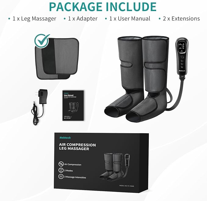 Nekteck Leg Massager for Circulation and Relaxation, Air Compression Foot and Calf Massager to Relieve Pain Edema Swelling with 2 Size Extensions, Gift for Mom Dad Men Women