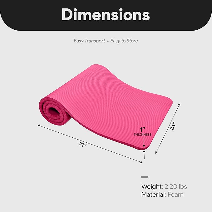 BalanceFrom 71x24 Inches Extra Thick Yoga Mat 1-Inch High-Density Foam – Roll-Up Exercise Pad with Double-Sided Non-Slip Surface and Carrying Strap for Pilates and Home Workouts, Multiple Colors