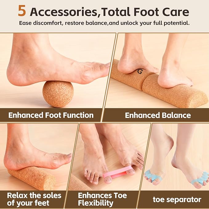 Cork Balance Board Foot Recovery & Balance Training Kit with Toe Separators, Massage Ball & Resistance Bands Plantar Fasciitis Relief, Foot Strengthening, Stability & Mobility for Sports & Outdoors