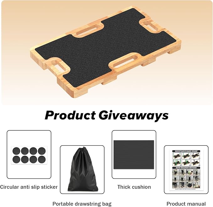 Wood Resistance Band Foot Plate, Non-Slip Exercise Board with Free Soft Pad & Drawstring Bag for Strength Training, Stretching & Balance, Home Gym Fitness Platform for Full-Body Exercises