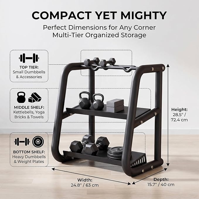 3-Tier Dumbbell Rack, Weight Rack for Dumbbells, Home Gym Storage for Dumbbells Kettlebells Yoga Mat and Balls, All in One Workout Storage, Powder Coated Finish Steel