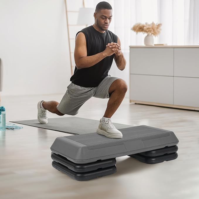 F2C 28.5" Aerobics Platform for Total Body Fitness 4" - 6" - 8" Height Adjustable with 4 Risers Home Workout Exercise Stepper Black/Gray