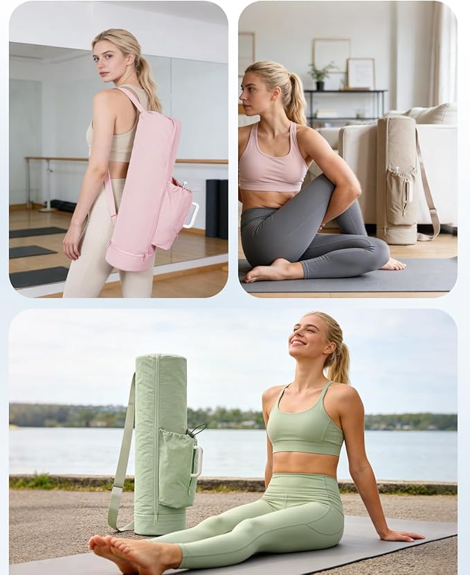 sportsnew Puffy Yoga Mat Bag Yoga Gym Bags for Women Men, Full-Zip Pilates Bag with Wet Pocket & Side Zip Drawstring Pocket Fits Tumblers with Handle, Yoga Mat Storage for Carrier Quick Access