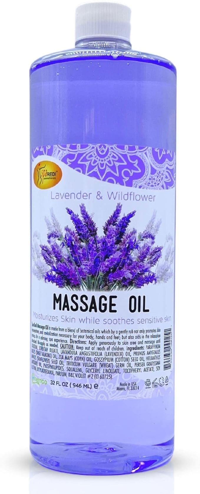 SPA REDI - Massage Oil, Lavender, 32 Oz - Professional Full Body Massage Therapy, Manicure, Pedicure - Relax Sore Muscles and Repair Dry Skin, Enhanced with High Absorption Oils and Vitamin E