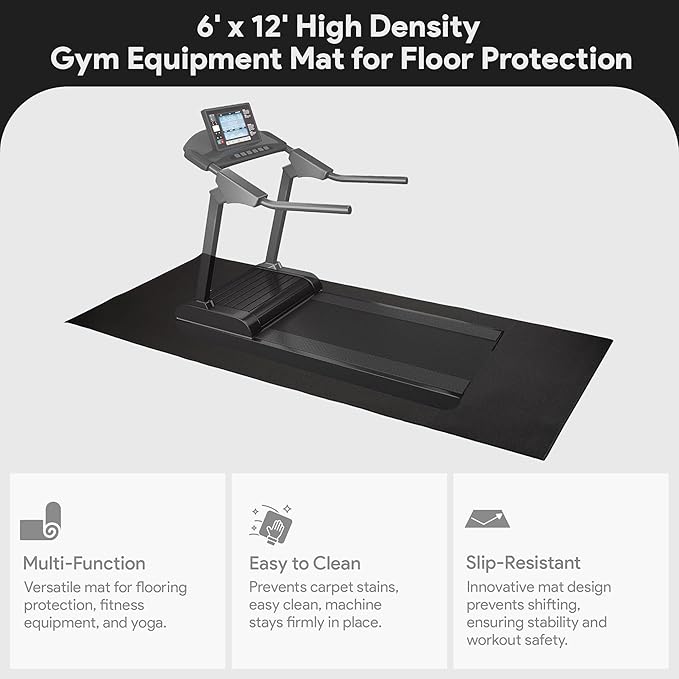Fitvids High Density 1/4-Inch Thick Gym Equipment Mat, Non-Slip Floor Protection for Heavy Exercise, Treadmill and Bike Mat in Multiple Sizes
