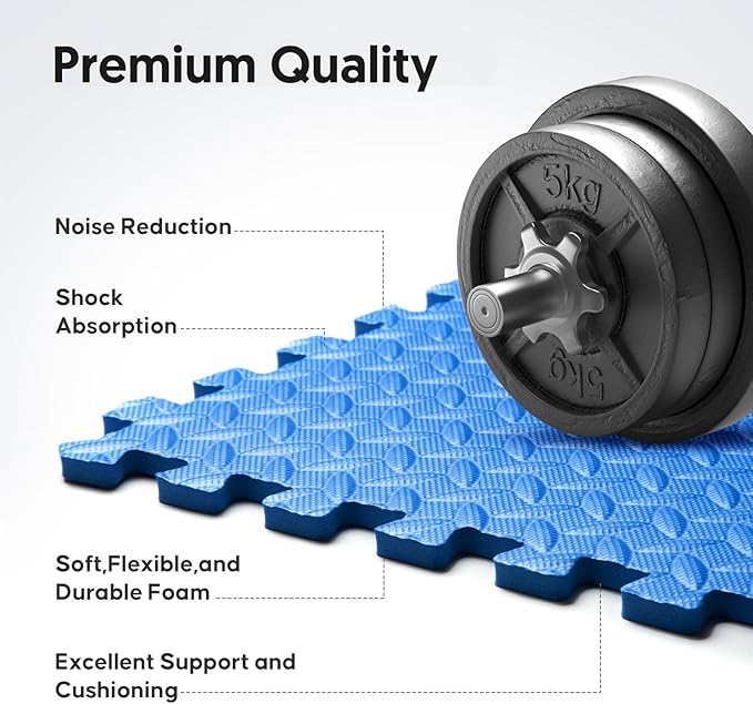 Home Gym Mat, Puzzle Exercise Mat, of EVA Interlocking Foam Floor Tiles for Home Workout Equipment and Kids' Play Areas - Blue, 24 in x 24 in x ½ in - 16 Tiles (Blue, 16 Pack 64 sq ft)