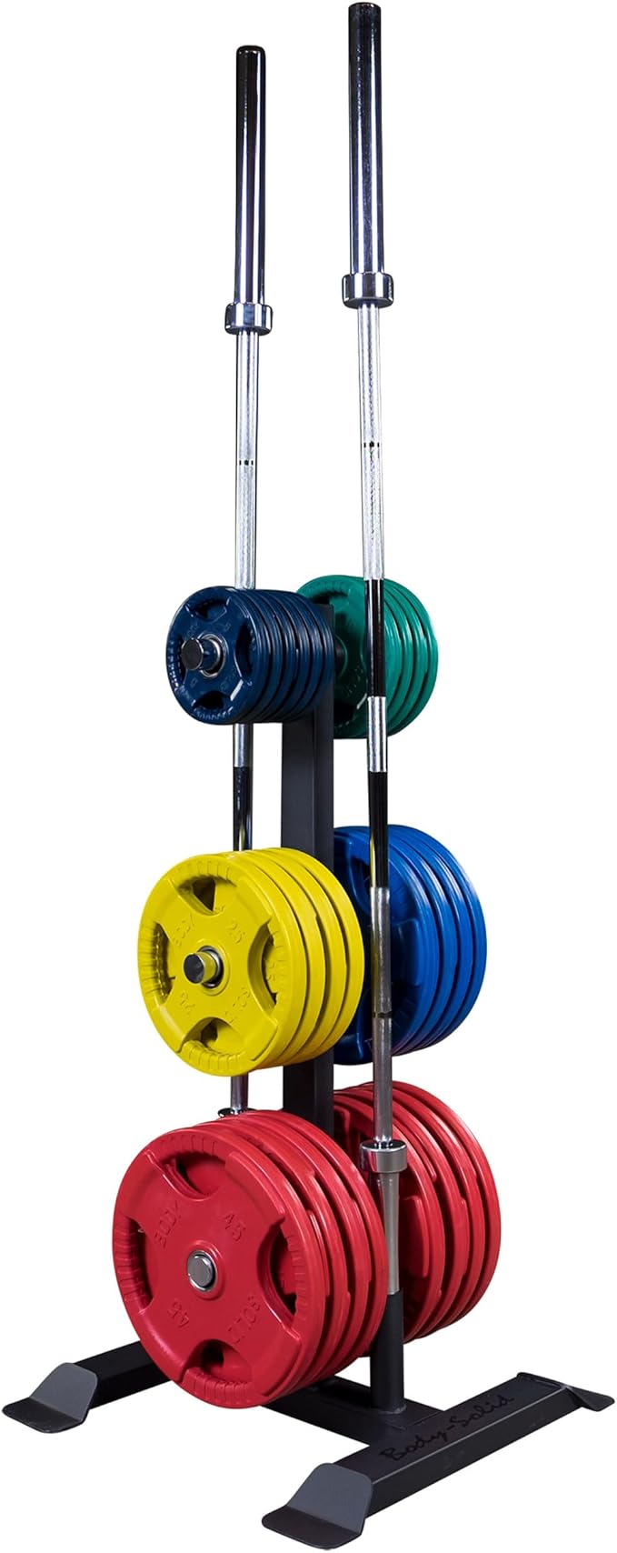 Body-Solid (GWT56) Heavy-Gauge Vertical Weight Tree Rack & Olympic Bar Holder, Commercial Bumper Plate Storage with 6 Chrome Weight Horns, Home Gym Weight Plates & Barbell Stand, 1000 lbs Capacity