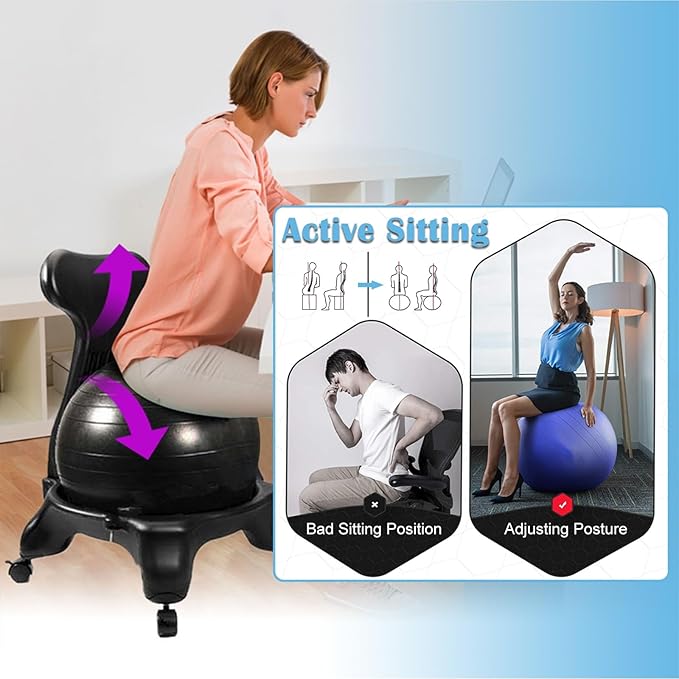 Ergonomic Office Yoga Ball Chairs, Active Sitting Exercise Ball Chair for Adults Desk Improves Back Pain, Balance Ball Chairs with Lockable Wheels and Foot Pump(Blue)