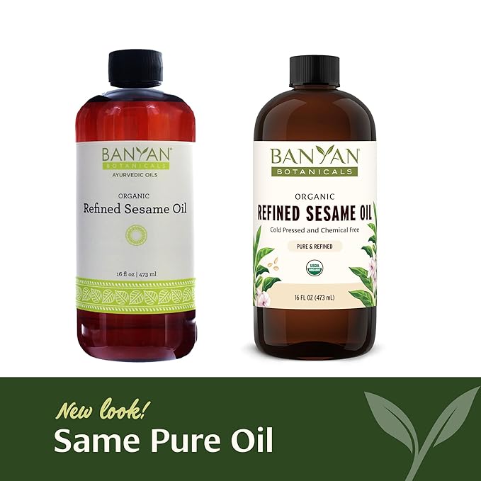 Banyan Botanicals Organic Refined Sesame Oil – Premium Ayurvedic Massage Oil for Body & Skin – Light & Mild Scented Warming Oil for Abhyanga Self-Massage – 16 oz – USDA Organic