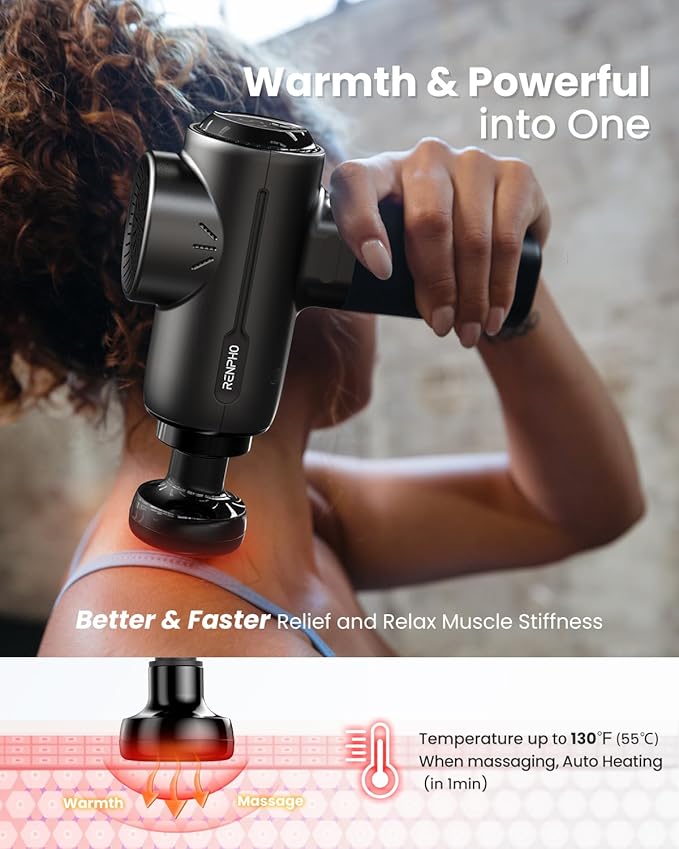 RENPHO Active+ Thermal Massage Gun with Heat, App Control, Deep Tissue Percussion Massager for Back and Neck, Portable Handheld Massager with 5 Speeds, 5 Attachments, Carry Case, Black