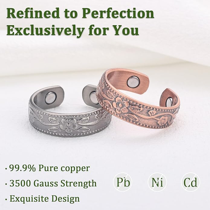 Magnetic Copper Rings Set for Women, Elegant Lymphatic Jewelry Gifts, Vintage Adjustable Vine Design